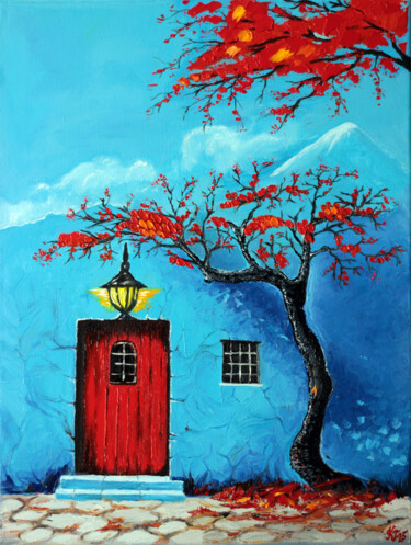 Schilderij getiteld "Home Under the Roof…" door Tetiana Kushnirova, Origineel Kunstwerk, Olie Gemonteerd op Frame voor houte…