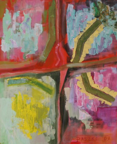 Ζωγραφική με τίτλο "Fenêtre sur pommier…" από Pierre Paszkowski, Αυθεντικά έργα τέχνης, Ακρυλικό Τοποθετήθηκε στο Ξύλινο φορ…