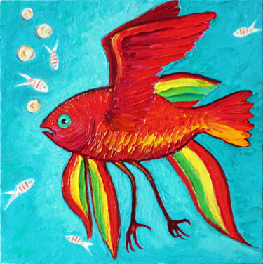 "Bird-Fish" başlıklı Tablo Tetiana Kushnirova tarafından, Orijinal sanat, Petrol Karton üzerine monte edilmiş