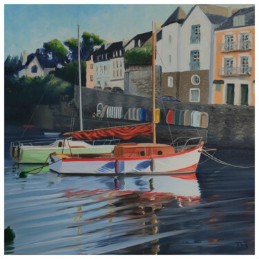 Voiliers dans le port de Sauzon Peinture intitulée "Voiliers dans le po…" par Thierry Le Boulanger, Œuvre d'art originale, Huile Monté sur Châssis en bois