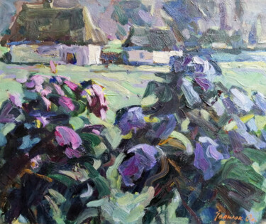 Schilderij getiteld "In the garden" door Oleksiy Ivanyuk, Origineel Kunstwerk, Olie Gemonteerd op Frame voor houten brancard