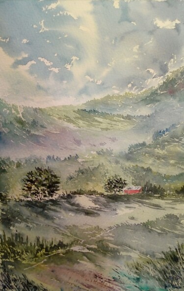 Painting titled "The red barn" by Justi Marín, Original Artwork, Watercolor
