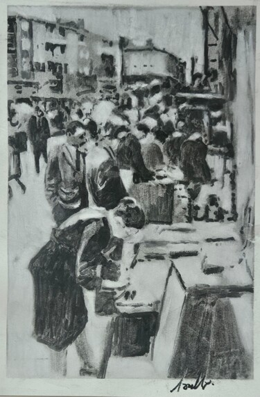 Schilderij getiteld "Portobello Road Mar…" door David Coulter, Origineel Kunstwerk, Houtskool