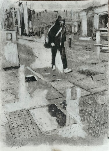 Schilderij getiteld "Study - Man Walking" door David Coulter, Origineel Kunstwerk, Houtskool