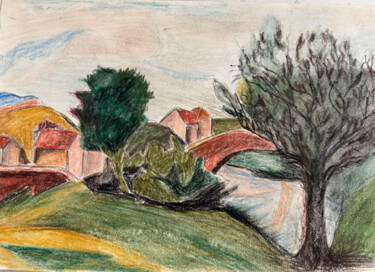 Σχέδιο με τίτλο "paysage 4" από Louisa Mebarki, Αυθεντικά έργα τέχνης, Κοντέ