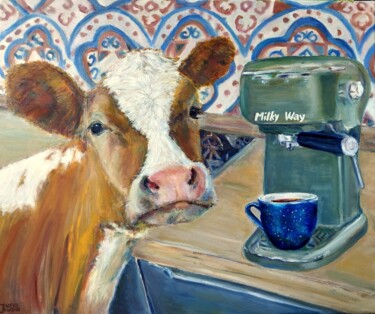 Milky Way - cow art Painting titled "Milky Way - cow art" by Jura Kuba, Original Artwork, Oil Mounted on Wood Stretcher frame