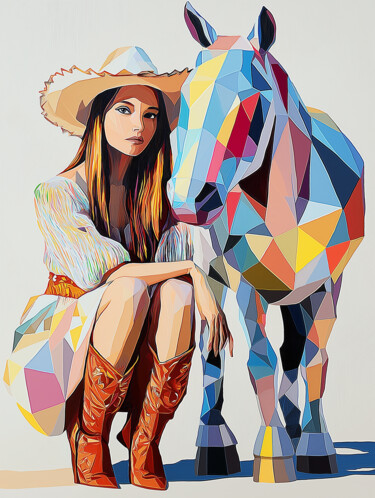 Pastel Reverie: Cowgirl and Her Horse in Cubist Harmony Digital Arts titled "Pastel Reverie: Cow…" by Anna Burger, Original Artwork, Digital Painting
