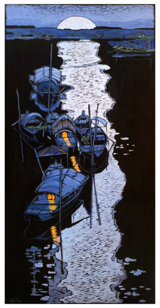 Painting titled "Moonlit River" by Nga Tran, Original Artwork, Oil
