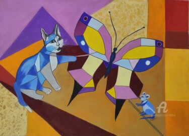 Chat cubiste Peinture intitulée "Chat cubiste" par Claudette Allosio, Œuvre d'art originale, Pastel