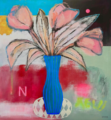 Blue Vase With Flowers Ζωγραφική με τίτλο "Blue Vase With Flow…" από Joejene C. Santos, Αυθεντικά έργα τέχνης, Ακρυλικό