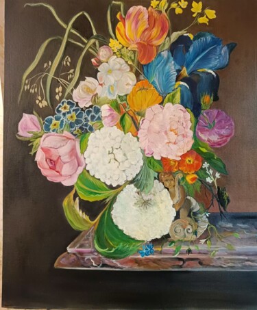 Schilderij getiteld "ваза с цветами на м…" door Elena Trosina, Origineel Kunstwerk, Olie Gemonteerd op Andere stijve panelen