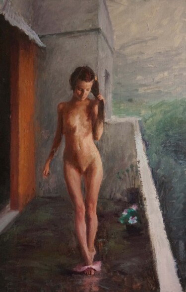 Anaîs au balcon 绘画 标题为“Anaîs au balcon” 由Manuel Leonardi, 原创艺术品, 油 安装在其他刚性面板上