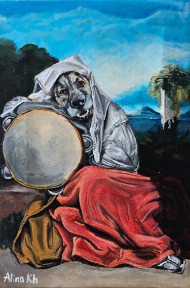 Painting titled "Dog Lady With Tambo…" by Alina Khoznan, Original Artwork, Acrylic Mounted on Wood Stretcher frame
