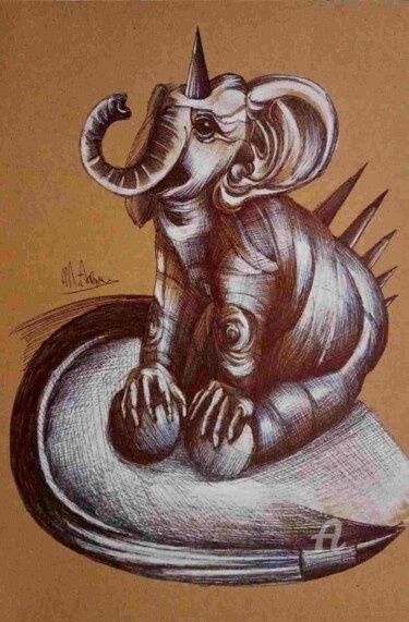 Elefante fantastico I 图画 标题为“Elefante fantastico…” 由Mariaceleste Arena, 原创艺术品, 圆珠笔 安装在玻璃上