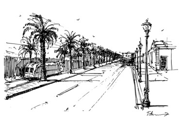 Vintage Tram Sketch, Embarcadero, San Francisco Arts numériques intitulée "Vintage Tram Sketch…" par Tatiana Alekseeva, Œuvre d'art originale, Encre