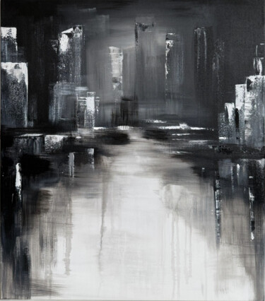 Reflected City Peinture intitulée "Reflected City" par Victoriya Marchenko, Œuvre d'art originale, Acrylique Monté sur Châssis en bois