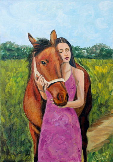 绘画 标题为“Girl with a Horse” 由Asya Ignatova, 原创艺术品, 油