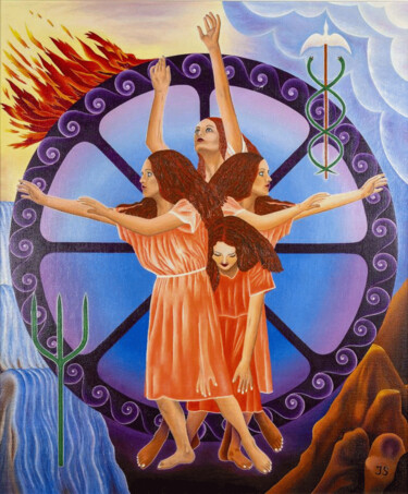 Painting titled "La roue" by Josiane Schutz, Original Artwork, Oil Mounted on Wood Stretcher frame