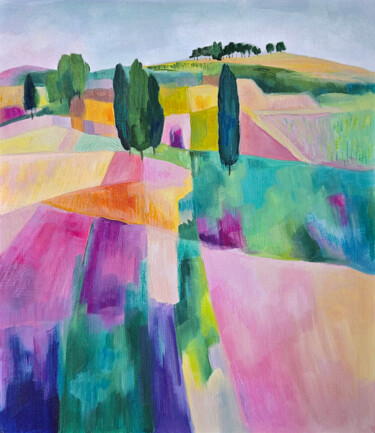 Colorful Abstract Landscape Artwork, Countryside Fields 绘画 标题为“Colorful Abstract L…” 由Tanya Ocean, 原创艺术品, 油