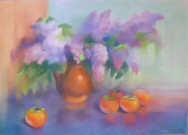 Ζωγραφική με τίτλο "Persimmon and lilac" από Boris Serdyuk, Αυθεντικά έργα τέχνης, Παστέλ Τοποθετήθηκε στο Χαρτόνι