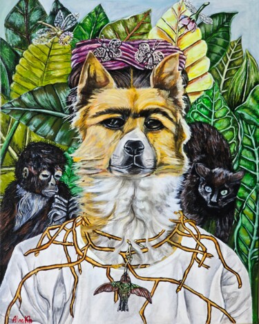 Portrait with Thorn Necklace and Hummingbird 绘画 标题为“Portrait with Thorn…” 由Alina Khoznan, 原创艺术品, 丙烯 安装在木质担架架上