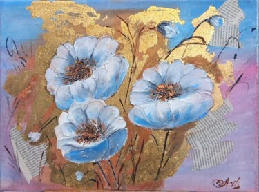 Golden Reverie - Abstract Blue Floral Painting - 绘画 标题为“Golden Reverie - Ab…” 由Oksana Antonova, 原创艺术品, 丙烯