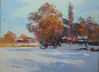 Schilderij getiteld "It snowed" door Boris Serdyuk, Origineel Kunstwerk, Olie Gemonteerd op Frame voor houten brancard