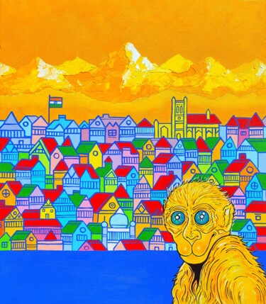 The Monkey and the Shimla Malarstwo zatytułowany „The Monkey and the…” autorstwa Aditya Singh Thakur, Oryginalna praca, Akryl