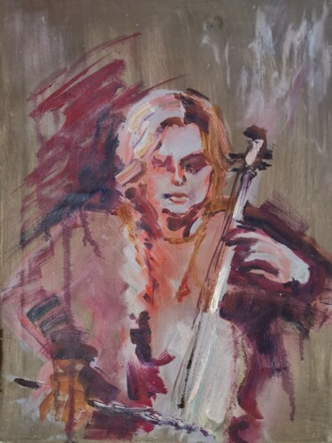 Картина под названием "Girl playing the ce…" - Allen Light, Подлинное произведение искусства, Масло