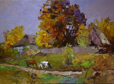 Schilderij getiteld "Rural landscape" door Boris Serdyuk, Origineel Kunstwerk, Olie Gemonteerd op Frame voor houten brancard