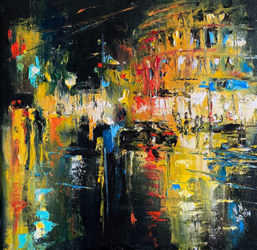 Night city 「Night city」というタイトルの絵画 Volodymyr Nezdiimynohaによって, オリジナルのアートワーク, オイル ウッドストレッチャーフレームにマウント