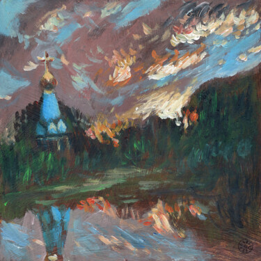"Church by The Pond" başlıklı Tablo Anton Maliar tarafından, Orijinal sanat, Akrilik Diğer sert panel üzerine monte edilmiş