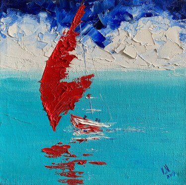 Red sail 3 Painting titled "Red sail 3" by Volodymyr Nezdiimynoha, Original Artwork, Oil Mounted on Wood Stretcher frame