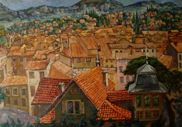 Painting titled "Vue sur Apt" by Nardus, Original Artwork, Oil Mounted on Wood Stretcher frame