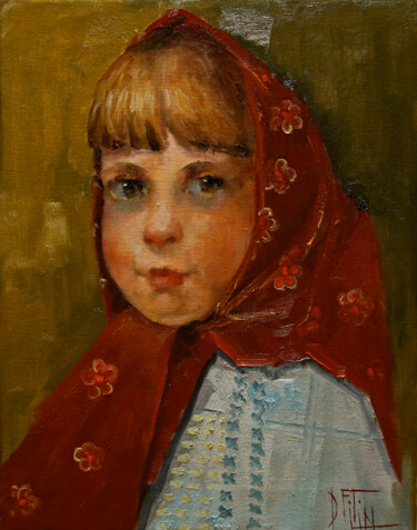 绘画 标题为“girl in a red scarf” 由Pavel Filin, 原创艺术品, 油 安装在木质担架架上