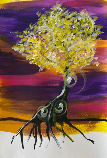 Tree with yellow leaves on a colored background Painting titled "Tree with yellow le…" by Margarita Lyudvig (MLyudvig), Original Artwork, Acrylic