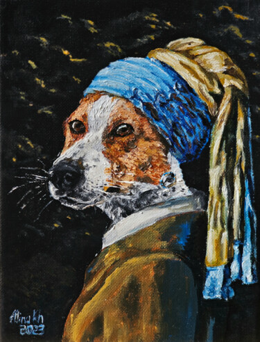 Painting titled "Yan's Dog" by Alina Khoznan, Original Artwork, Acrylic Mounted on Wood Stretcher frame