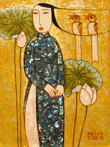 A Girl With Birds Peinture intitulée "A Girl With Birds" par Du Bui Trong, Œuvre d'art originale, Laque Monté sur Panneau de bois