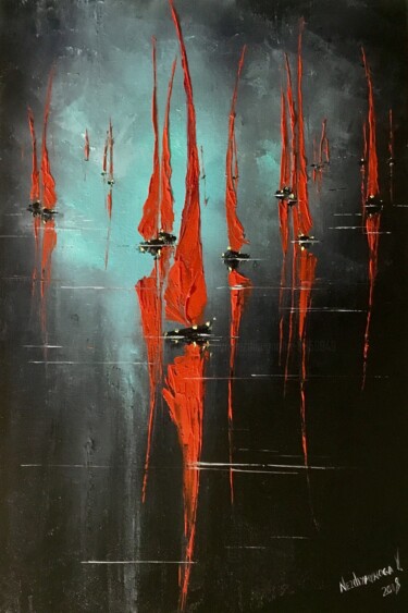 Malerei mit dem Titel "Red sails" von Volodymyr Nezdiimynoha, Original-Kunstwerk, Öl Auf Keilrahmen aus Holz montiert