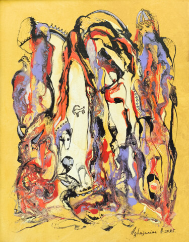 Symbols in Fire and Gold 绘画 标题为“Symbols in Fire and…” 由Harutyun Aghajanyan, 原创艺术品, 油 安装在木质担架架上
