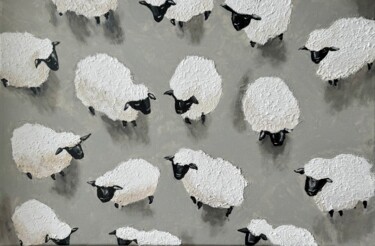 Painting titled "Warm sheep" by Alla Ai, Original Artwork, Acrylic Mounted on Wood Stretcher frame