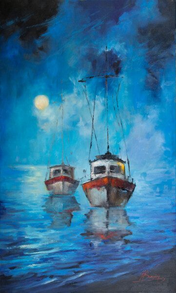 Peinture intitulée "Φεγγαράδα (Moonligh…" par Marina Vaporaki, Œuvre d'art originale, Huile Monté sur Châssis en bois