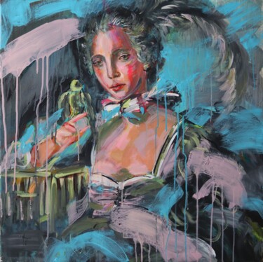 Painting titled "Woman wih Bird" by Antigoni Tziora, Original Artwork, Acrylic Mounted on Wood Stretcher frame