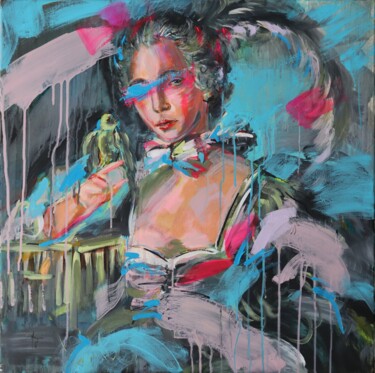 Schilderij getiteld "Woman wih Bird" door Antigoni Tziora, Origineel Kunstwerk, Acryl Gemonteerd op Frame voor houten branca…