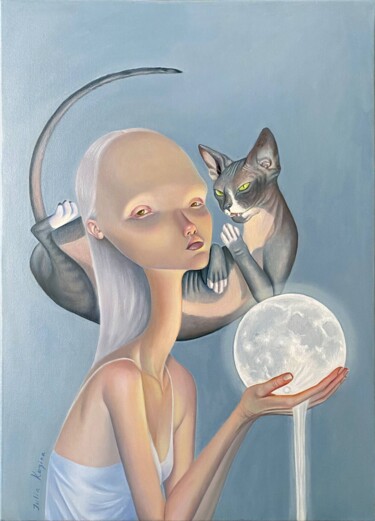 绘画 标题为“A girl with a sphin…” 由Julia Kuzina, 原创艺术品, 油 安装在木质担架架上