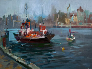 绘画 标题为“Ship at the pier” 由Yuriy Suprunchuk, 原创艺术品, 油 安装在纸板上