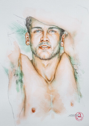 Schilderij getiteld "Model man" door Hongtao Huang, Origineel Kunstwerk, Potlood