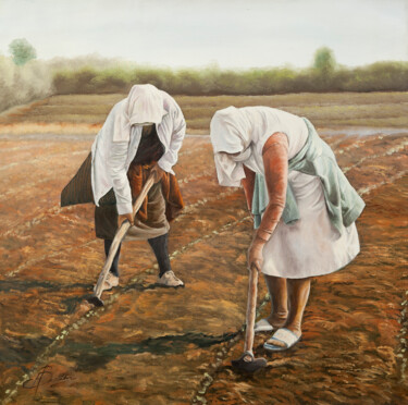 Γυναίκες που σκάβουν (Women who dig) "Γυναίκες που σκάβου…" başlıklı Tablo Μαρινα (Marina) Βαπορακη (Vaporaki) tarafından, Orijinal sanat, Petrol Ahşap Sedye çer…