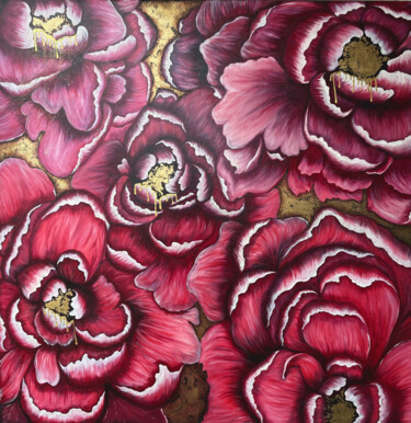 Flowers with golden tears on a golden background Painting titled "Flowers with golden…" by Katrin Ka, Original Artwork, Oil Mounted on Wood Stretcher frame