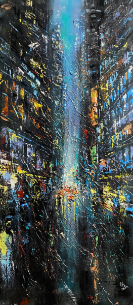 Schilderij getiteld "Night city 2" door Volodymyr Nezdiimynoha, Origineel Kunstwerk, Acryl Gemonteerd op Frame voor houten b…